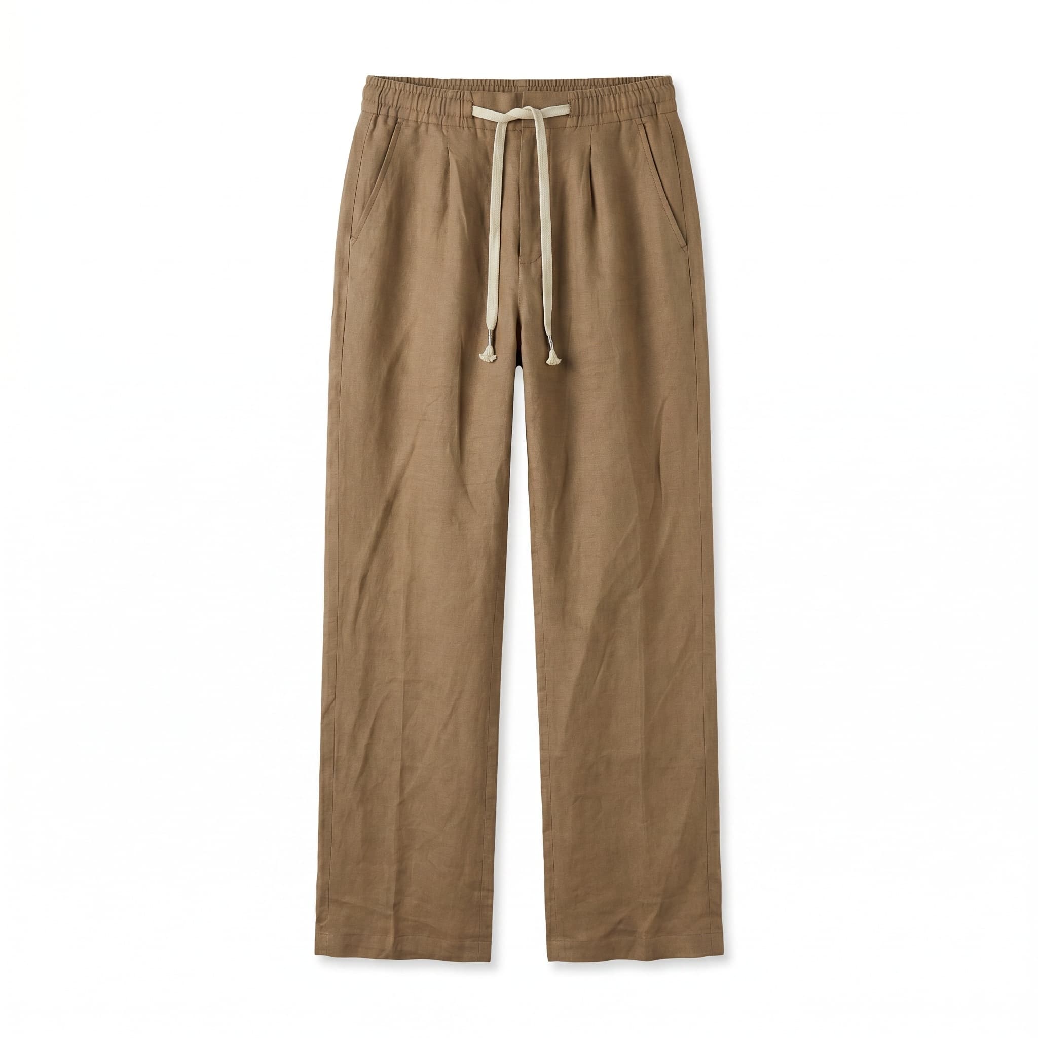 Linen Straight-Leg Trousers (Brown)